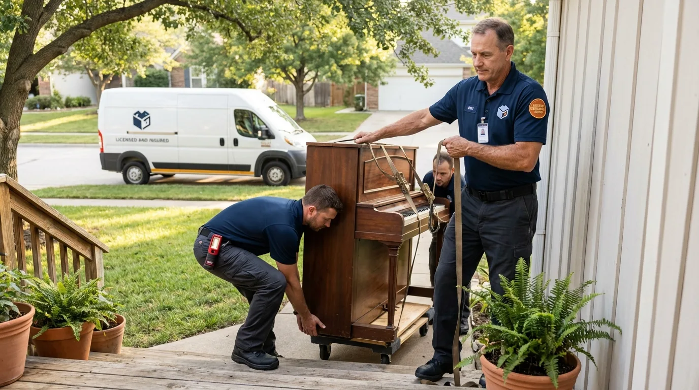Licensed piano movers securing grand piano in Hastings, MN